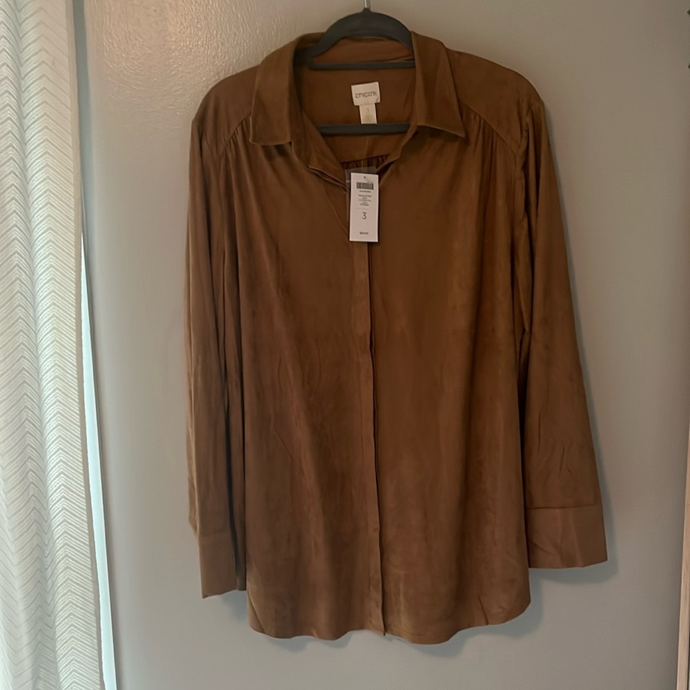 Brand new Chicos size 3 button down brown suede like top.